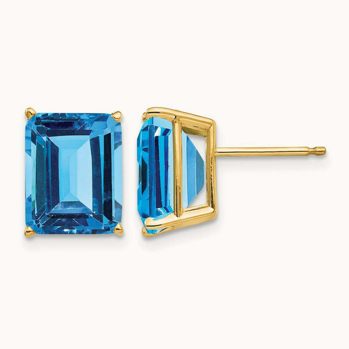 10x8mm Emerald Cut Blue Topaz Earrings, 14K