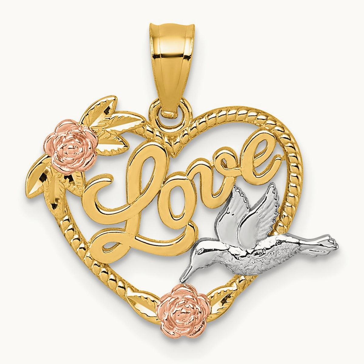 & White Rhodium Polish Love Floral And Bird Heart Pendant, 14K Two-tone