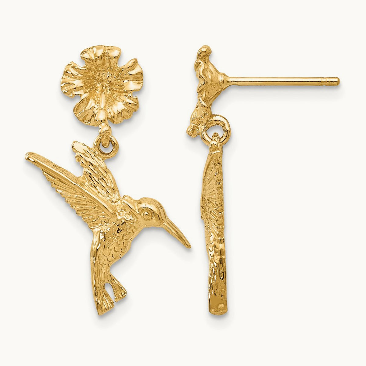 Hummingbird Dangles from Flower Post Earrings, 14K