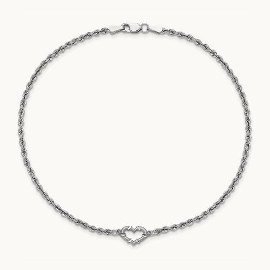Diamond-cut Hollow Rope with Heart 9in Anklet, 14K White Gold