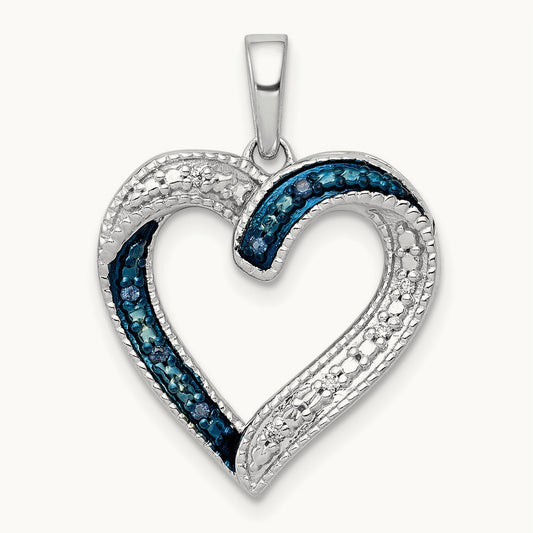 1/20ct. Blue and White Diamond Heart Pendant, 14K White Gold