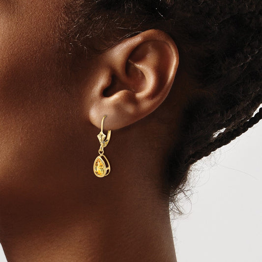 8x5mm Pear Citrine Leverback Earrings — 14K Yellow Gold