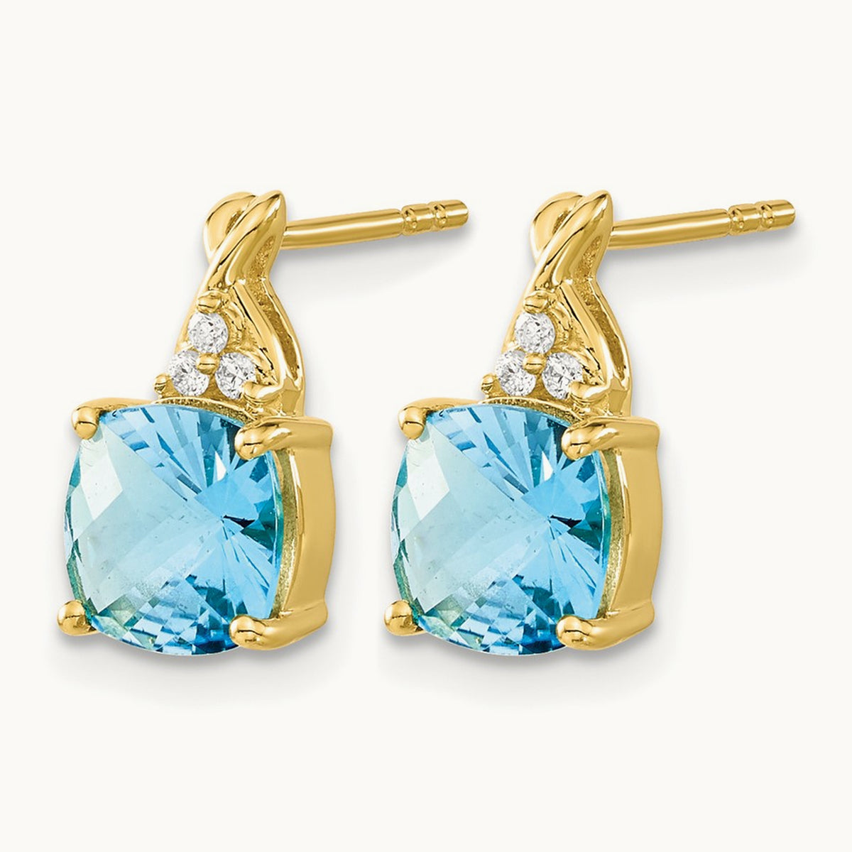 Checkerboard Blue Topaz and Diamond Earrings — 14K Yellow Gold