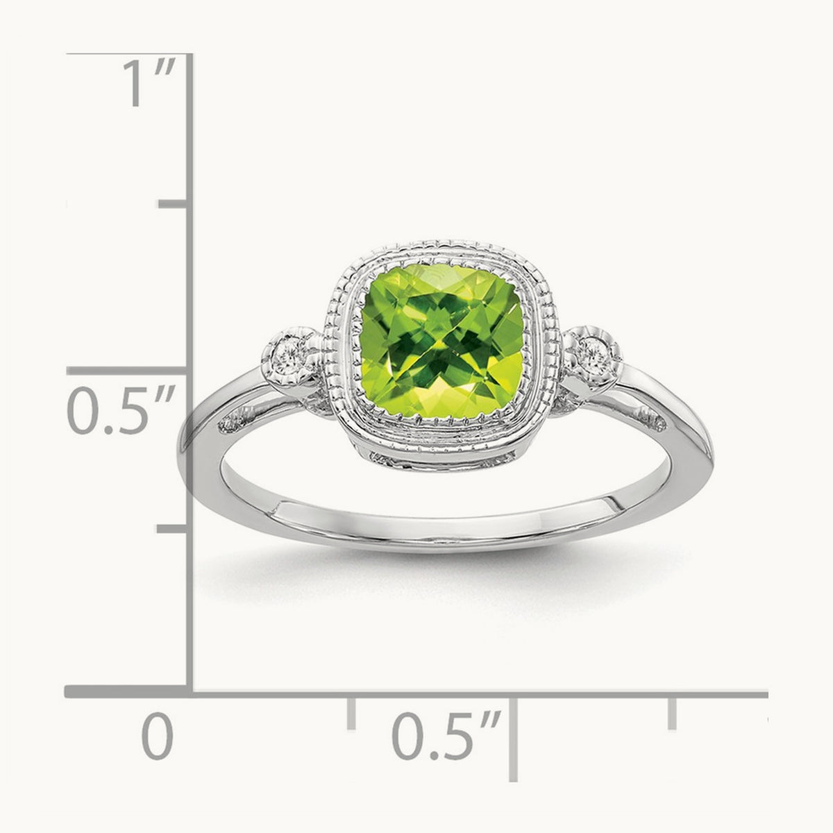 Cushion Peridot and Diamond Ring — 14K White Gold, 7