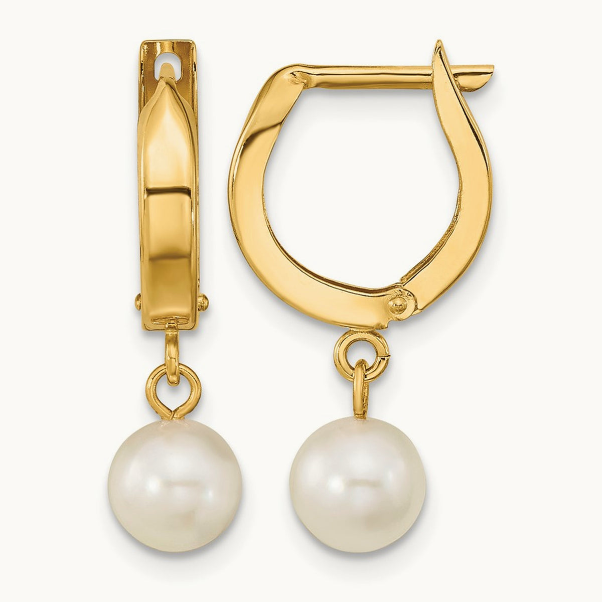 6- White Round Akoya Saltwater Cultured Pearl Hoop Dangle Earrings, 7mm, 14K