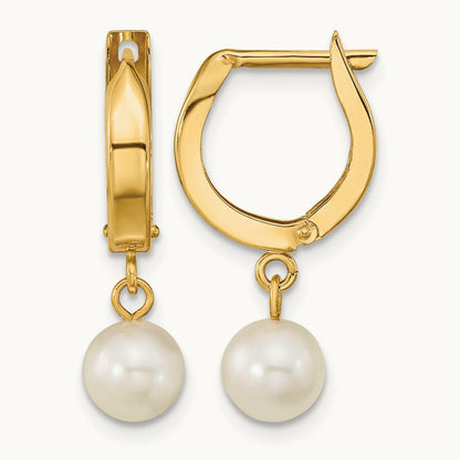 6- White Round Akoya Saltwater Cultured Pearl Hoop Dangle Earrings, 7mm, 14K
