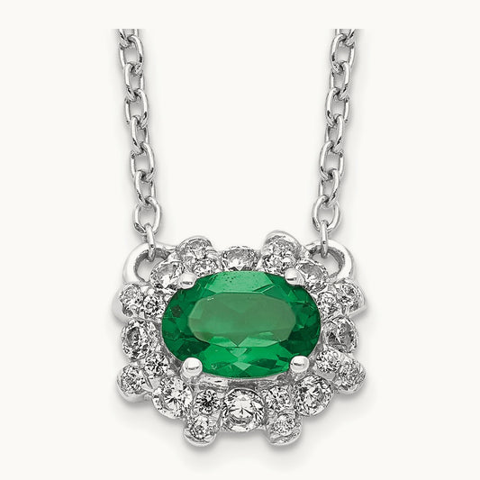 Diamond and Oval Emerald 18 inch Necklace, 14K White Gold