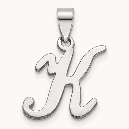 White Gold Script Letter K Initial Pendant, 14K White Gold