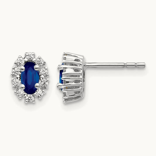 Diamond and Sapphire Oval Halo Earrings — 14K White Gold