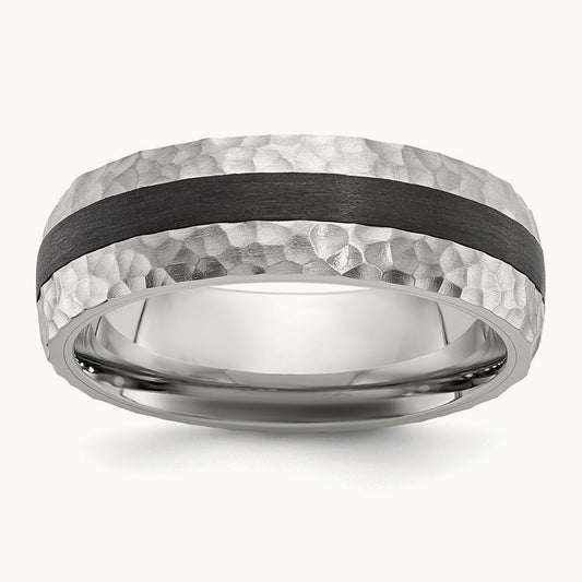 Brushed and Hammered Black Carbon Fiber Band, 7mm, Stainless Steel