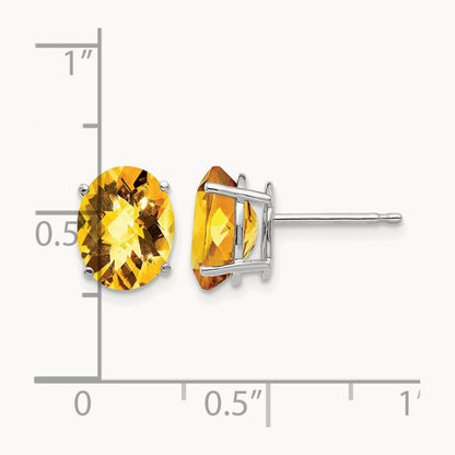 9x7mm Oval Citrine Checker Earrings, 14K White Gold