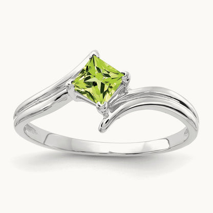 Princess Cut Peridot ring, 4mm, 14K White Gold
