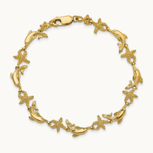 Dolphin and Starfish Bracelet, 14K