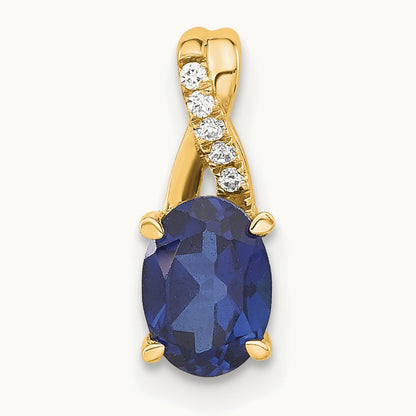 Oval Created Sapphire and Diamond Pendant, 14K