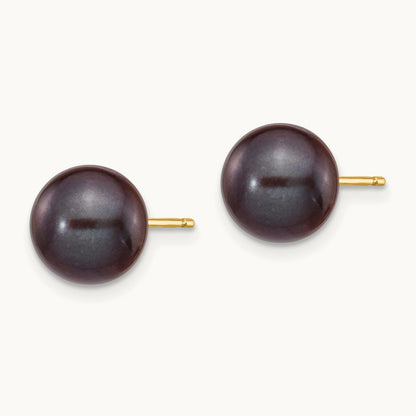 8- Black Round Freshwater Cultured Pearl Stud Post Earrings, 9mm, 14K