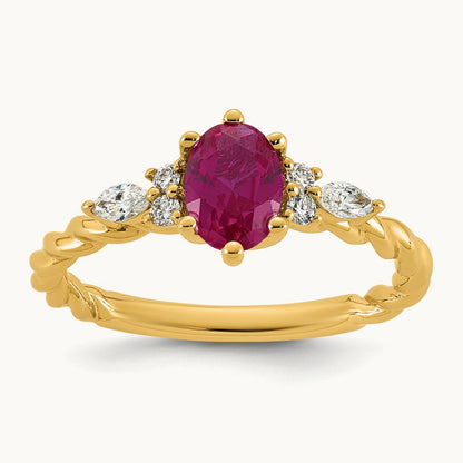 Polished Diamond and Lab Created Ruby Twisted Ring — 14K Yellow Gold