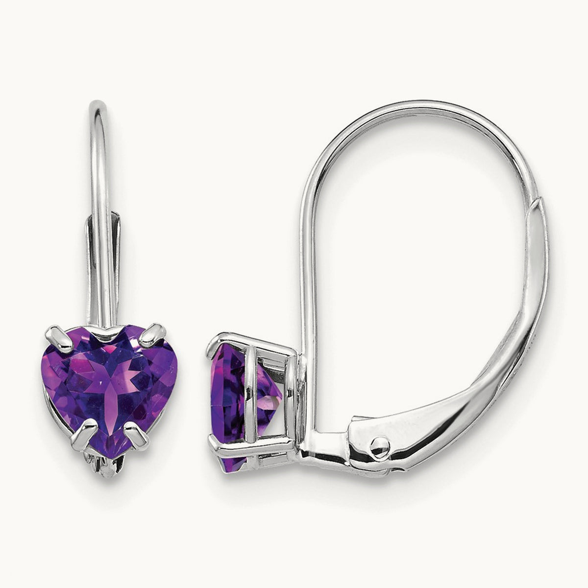 Heart Amethyst Leverback Earrings — 14K White Gold