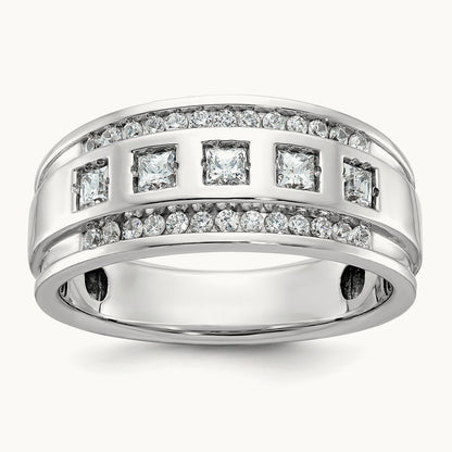 IBGoodman Men's Polish/Grooved Square Diamond 5-Stone Ring, 14K White Gold