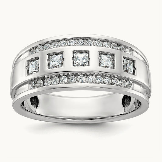 IBGoodman Men's Polish/Grooved Square Diamond 5-Stone Ring, 14K White Gold