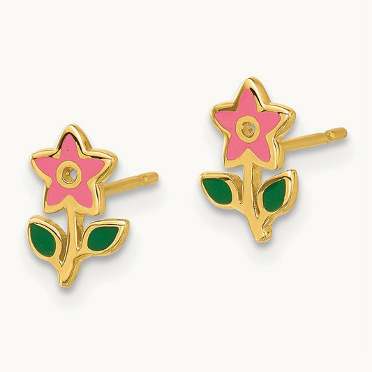 Madi K Polished Enameled Flower Post Earrings, 14K