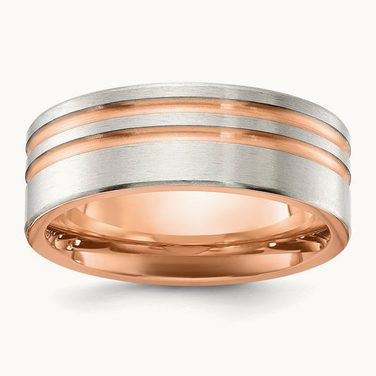 Brushed Rose IP-plated Stripes Band, 8mm, Stainless Steel