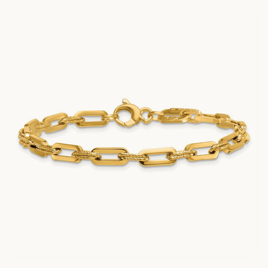 Polished and Textured Double Fancy Link 7.75in Bracelet, 14K