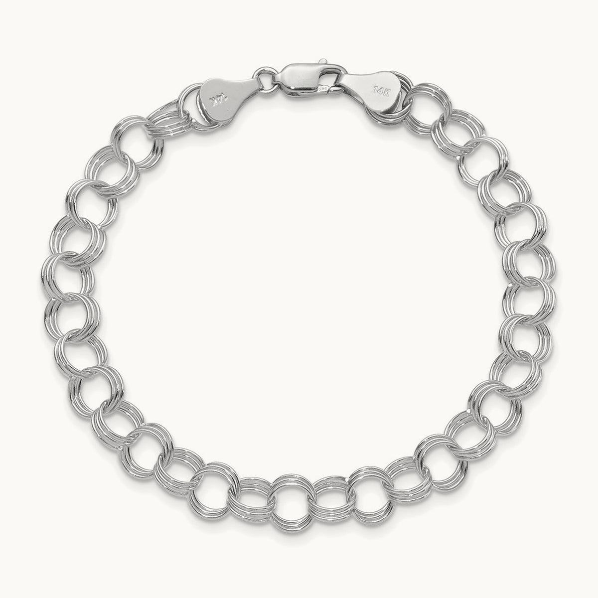 Solid Triple Link Charm Bracelet — 14K White Gold, 7mm