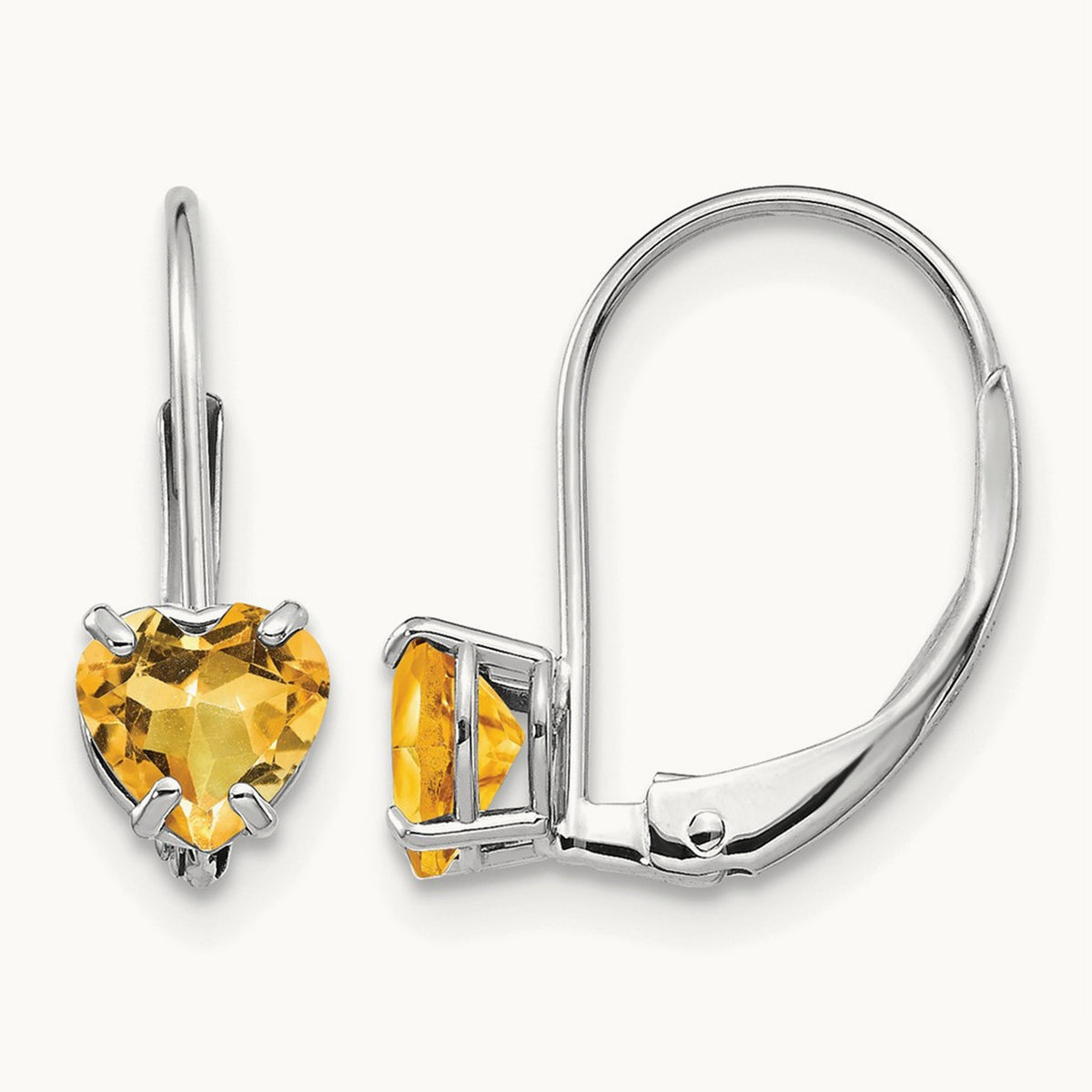 Heart Citrine Leverback Earrings, 5mm, 14K White Gold