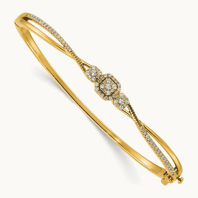 Polished and Textured Diamond Fashion Hinged Bangle, 14K