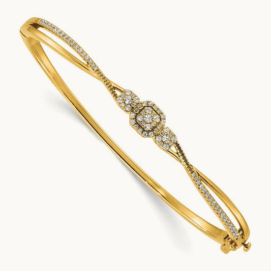 Polished and Textured Diamond Fashion Hinged Bangle, 14K