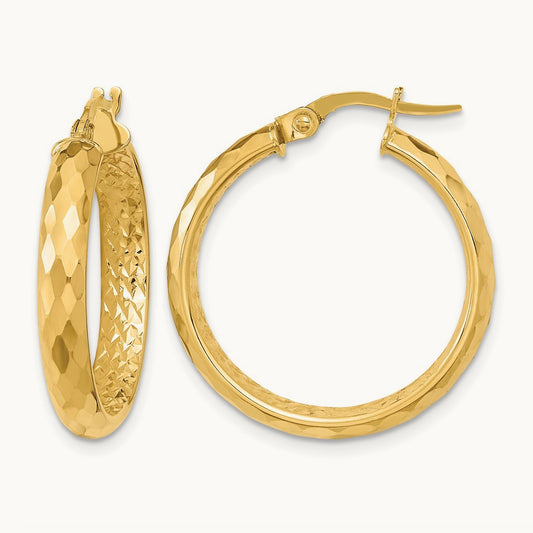 Polished and Textured Diamond-cut Inside Fancy Hoop Earrings, 14K