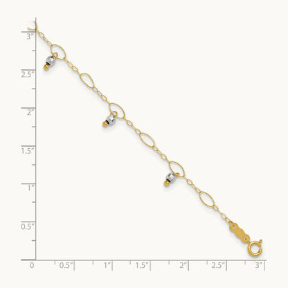 Mirror Beaded 9in Plus 1in ext. Anklet, 14K Two-tone