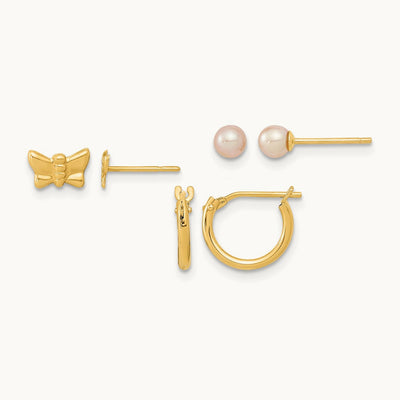 Butterfly FW Cultured Pearl and Hoop 3 Pair Earrings Set, 14K