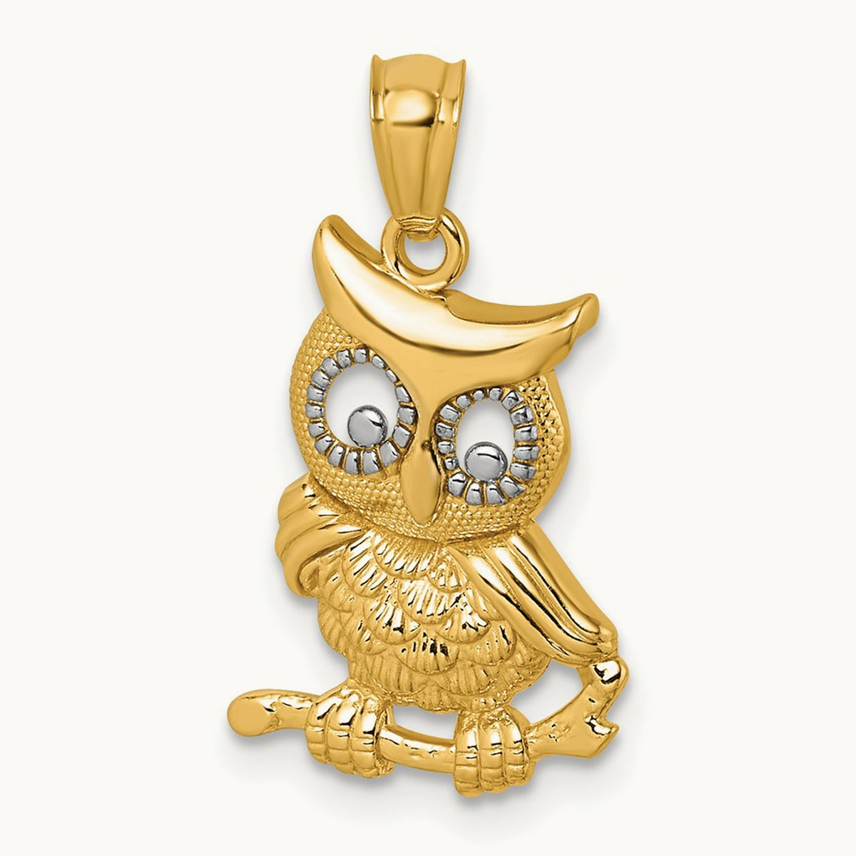 & Rhodium Polished & Textured Owl Pendant, 14K