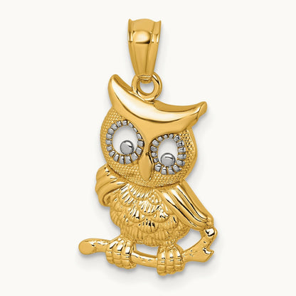 & Rhodium Polished & Textured Owl Pendant, 14K