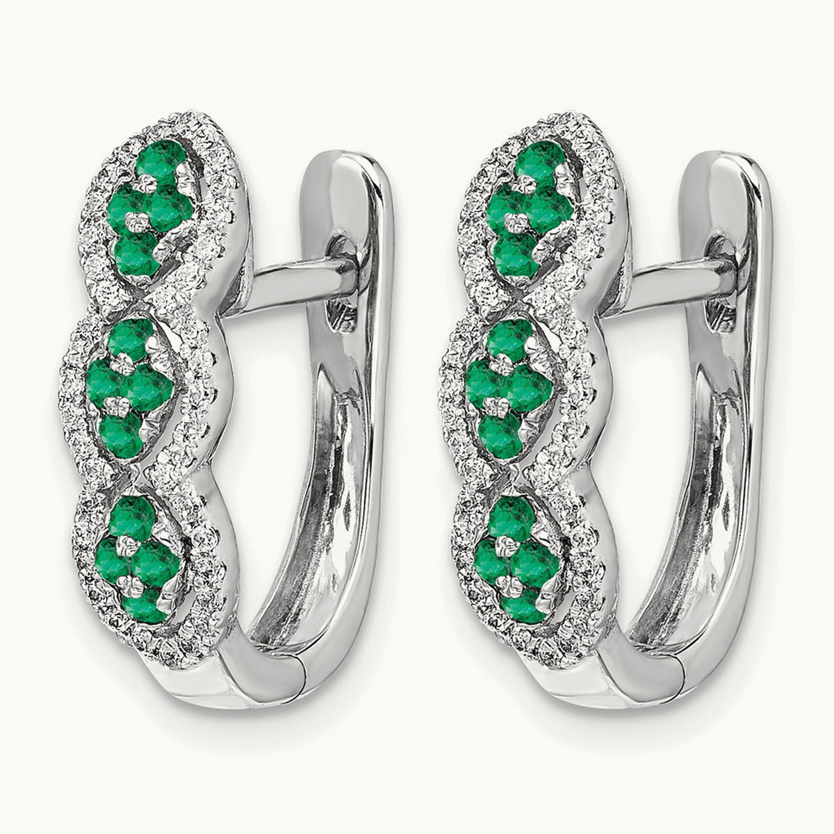 Diamond and Emerald Hinged Earrings, 14K White Gold