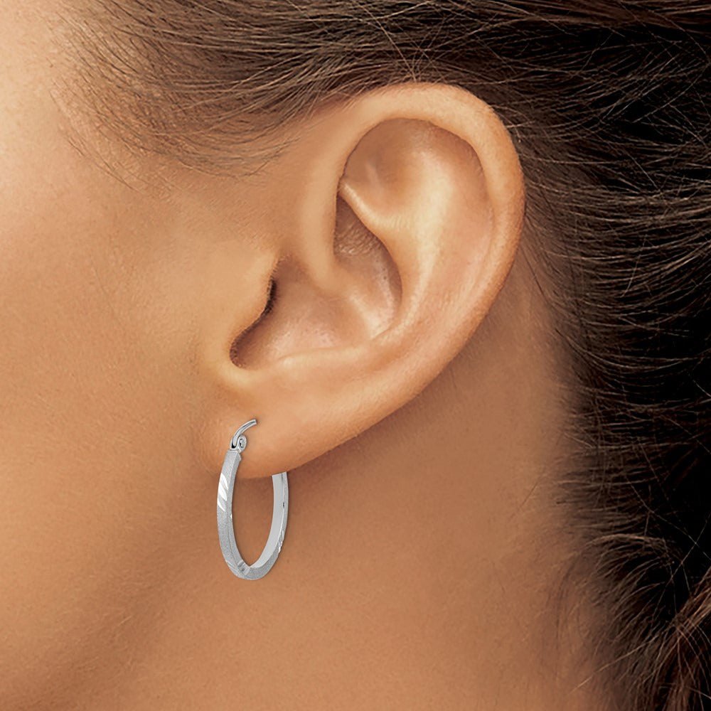 Satin Diamond-cut Square Tube Hoop Earrings — 14K White Gold, 20mm