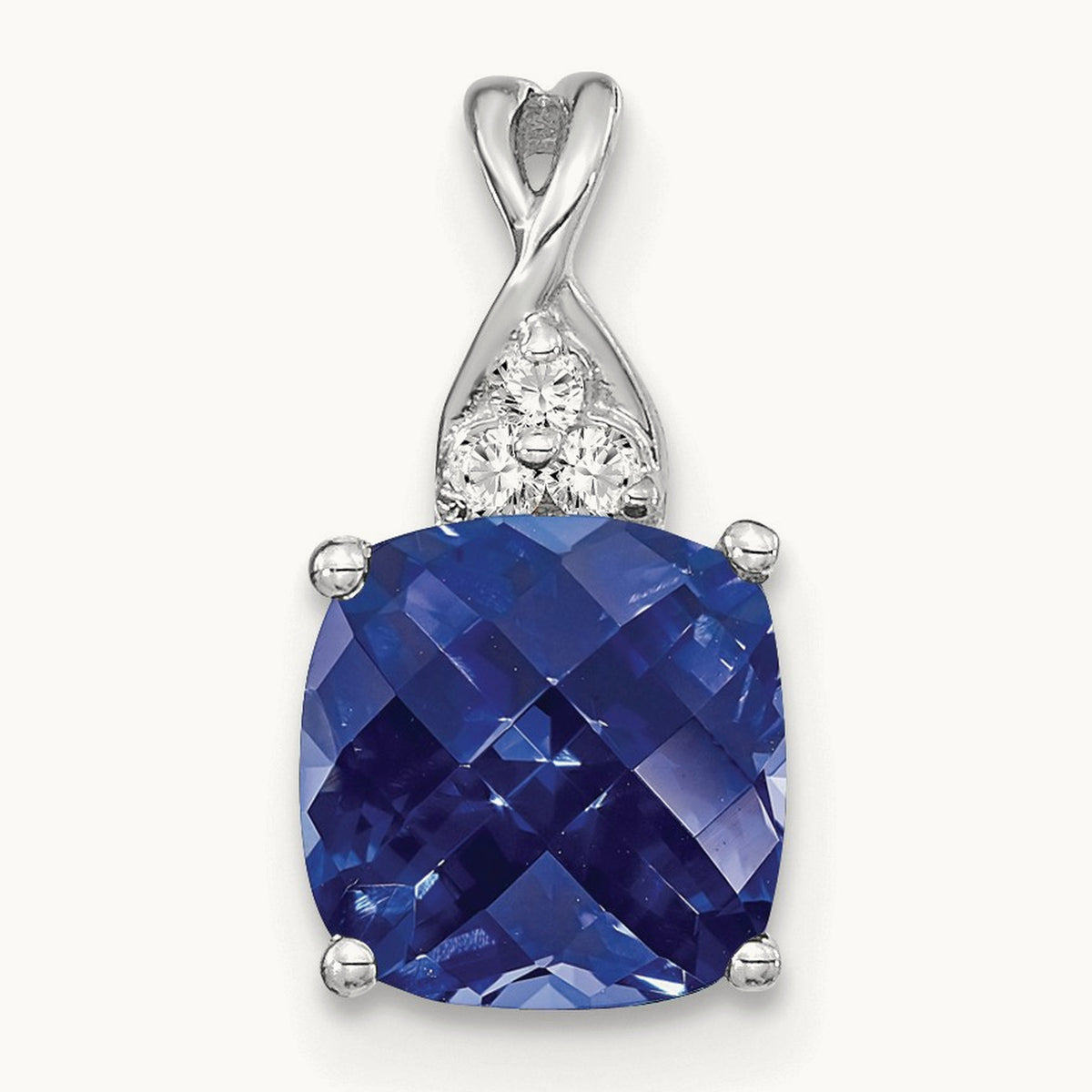 Checkerboard Created Sapphire and Diamond Pendant, 14K White Gold