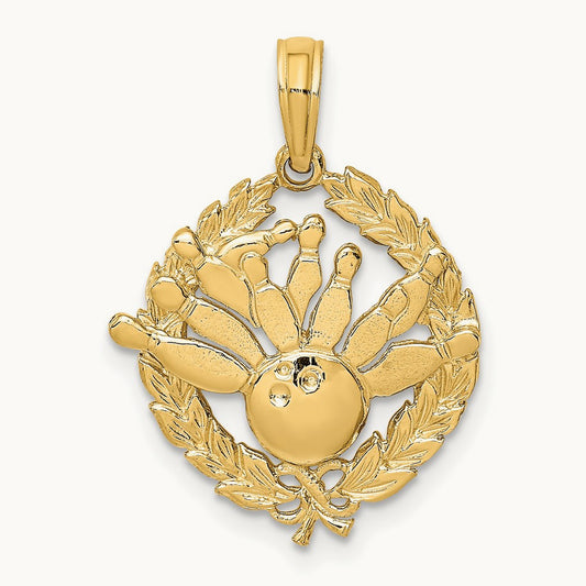 Bowling Story in Leaf Circle Charm, 14K