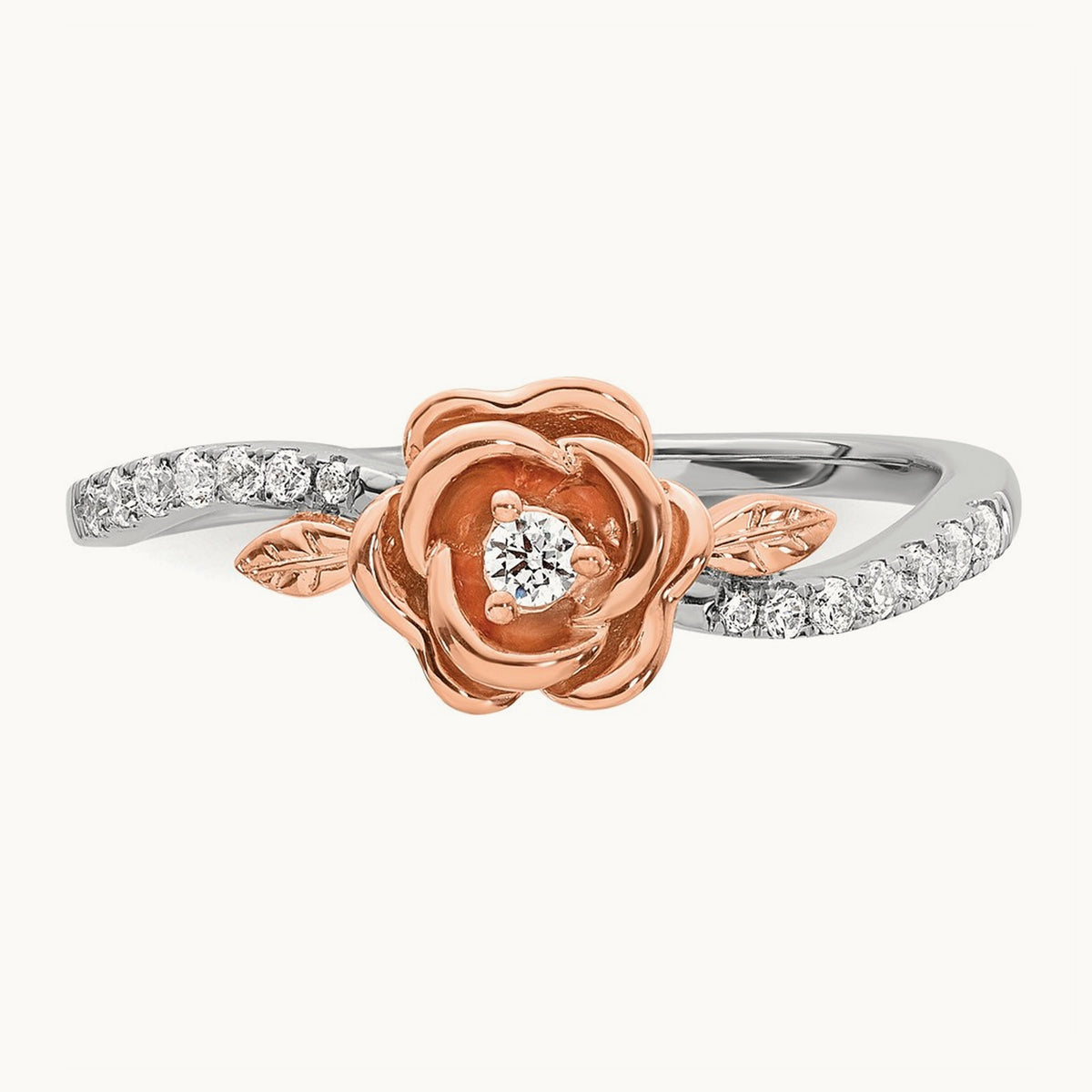 Complete Diamond Rose With Leaves Promise Ring, 14K Two-tone