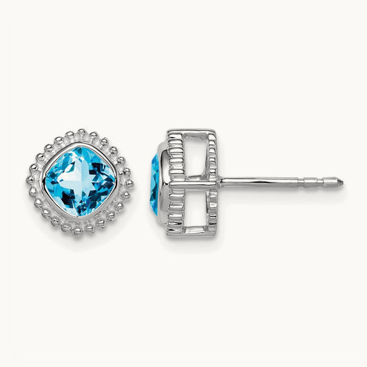 Cushion Blue Topaz Earrings — 14K White Gold