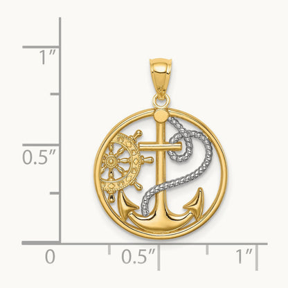 W/ Rhodium Cross Anchor Captain Wheel Pendant, 14K