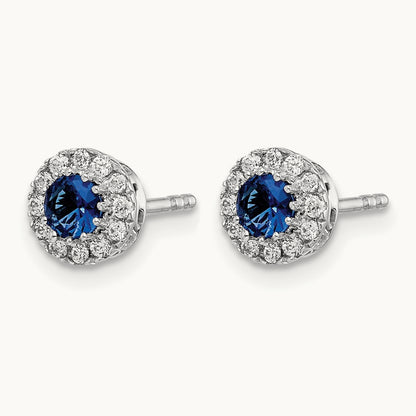 Diamond and Blue Sapphire Halo Post Earrings, 14K White Gold