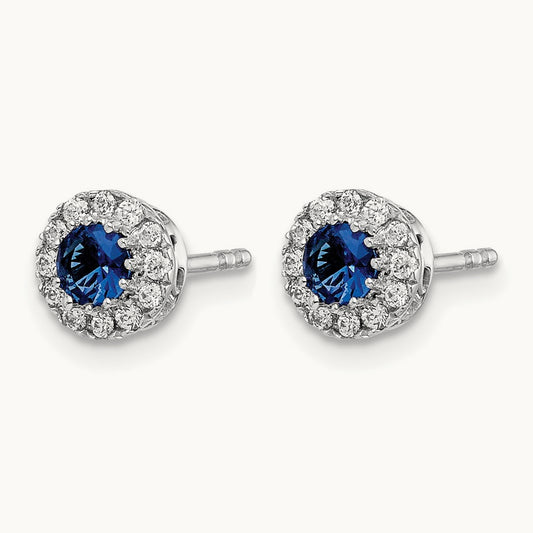 Diamond and Blue Sapphire Halo Post Earrings, 14K White Gold