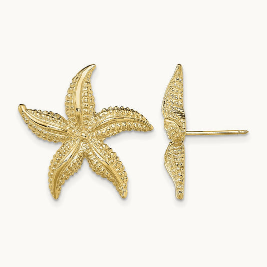 2-D Polished and Textured Starfish Post Earrings, 14K