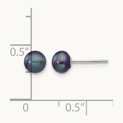 Black Button Freshwater Cultured Pearl Stud Post Earrings — 14K White Gold