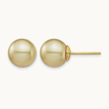 10- Golden Round Saltwater Cultured South Sea Pearl Post Earrings, 11mm, 14K