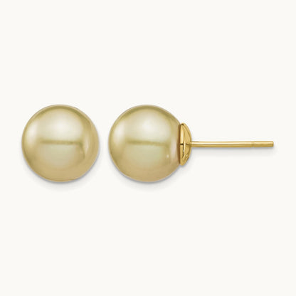 10- Golden Round Saltwater Cultured South Sea Pearl Post Earrings, 11mm, 14K