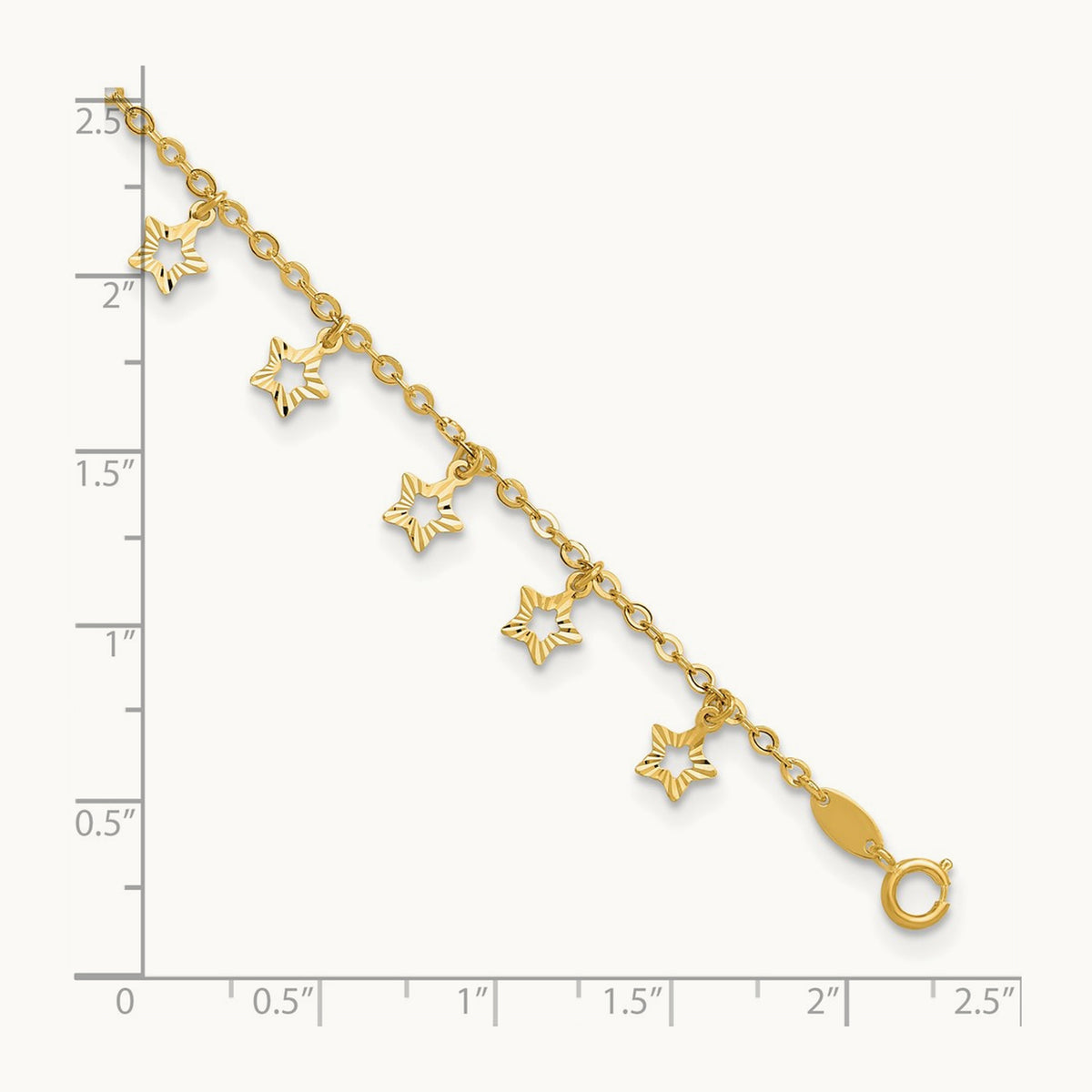 Polished and Textured Star 9in Plus 1in ext. Anklet, 14K