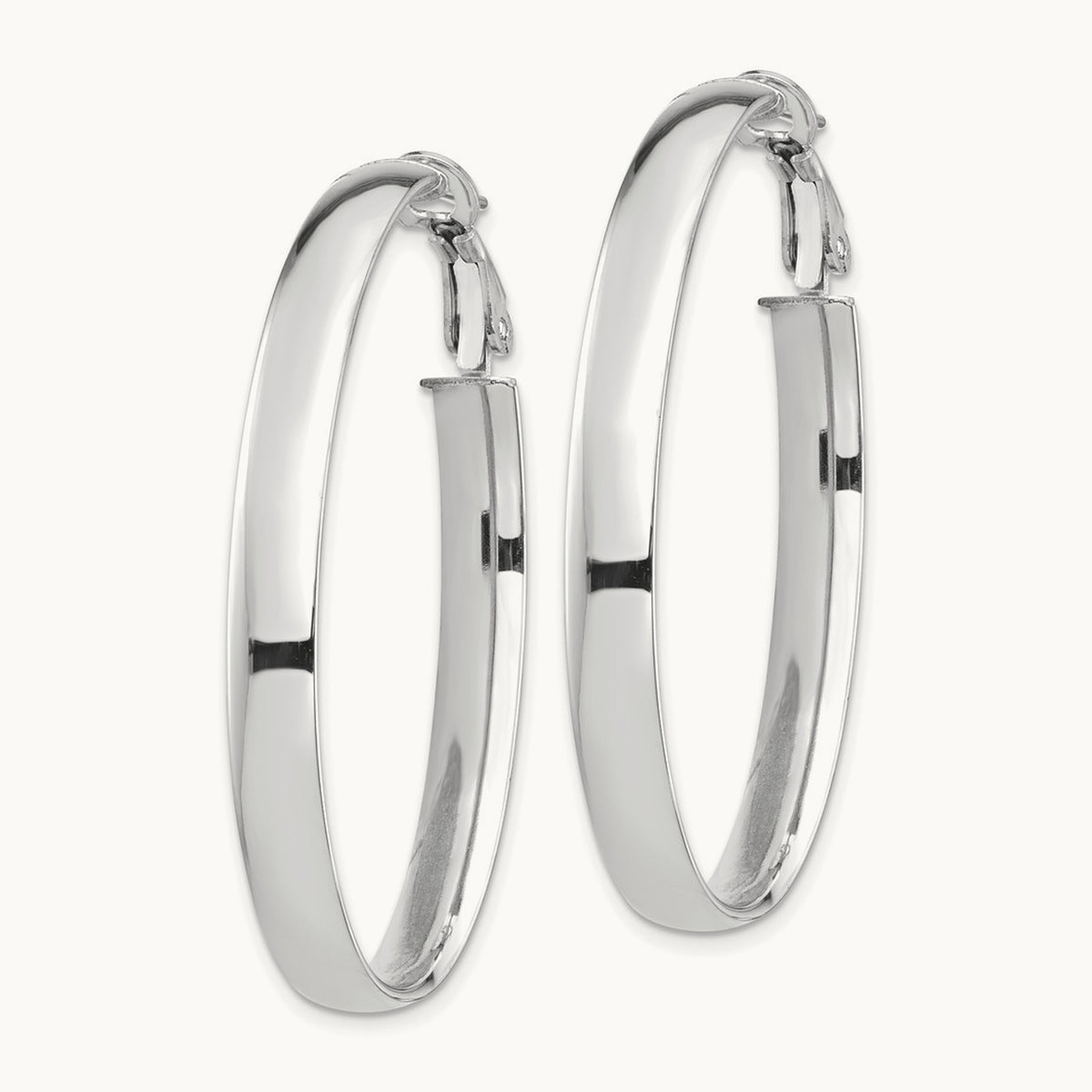 High Polished Omega Back Oval Hoop Earrings — 14K White Gold